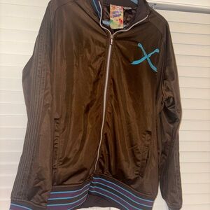 Y2K Artfull Doger Brown Bomber Jacket with Blue Accents- back reads fitch lads.